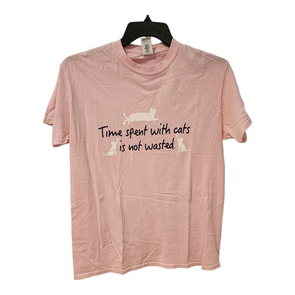 Women's Size Medium"Time Spent With Cats Is Not Wasted" Pink Shirt 100% COTTON